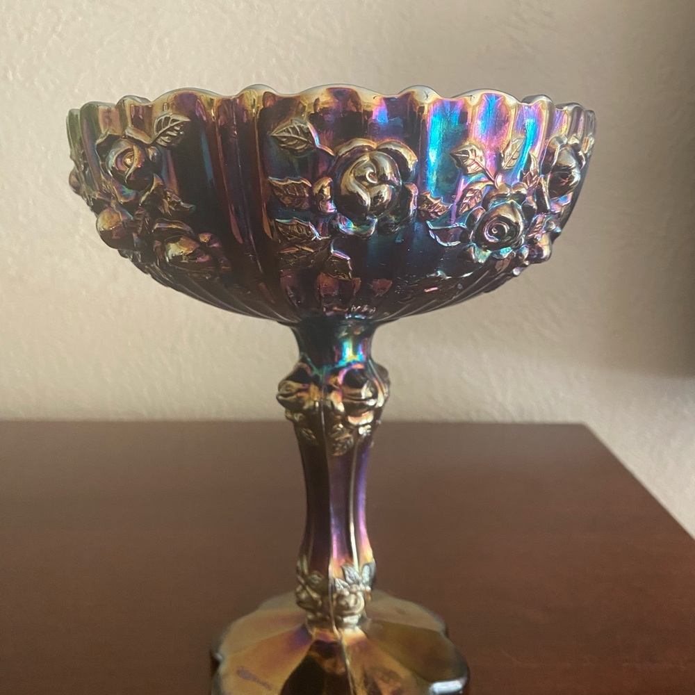 Vintage, Fenton Amethyst Carnival Glass Compote in the Cabbage Rose Pattern